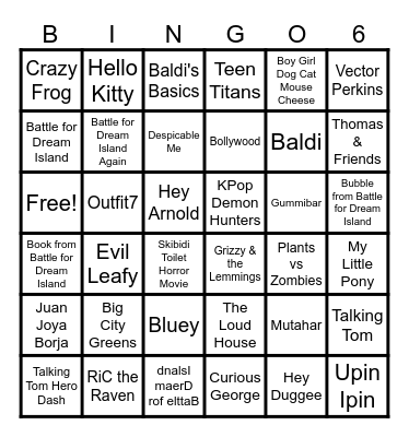 Cartoons, Persons, Marks, Species, Songs, Video Games, Characters and Favorite Character Bingo Card