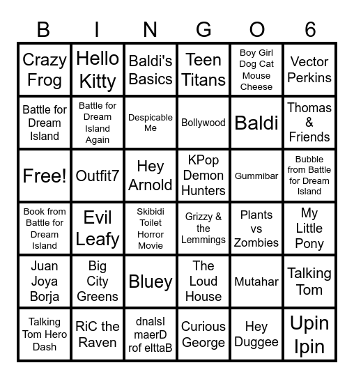Cartoons, Persons, Marks, Species, Songs, Video Games, Characters and Favorite Character Bingo Card