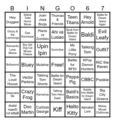 Cartoons, Persons, Marks, Species, Songs, Video Games, Characters, Favorite Character, TV Series and TV Networks Bingo Card