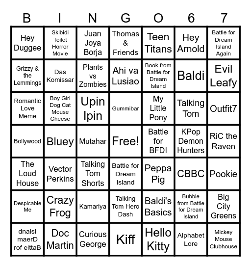 Cartoons, Persons, Marks, Species, Songs, Video Games, Characters, Favorite Character, TV Series and TV Networks Bingo Card