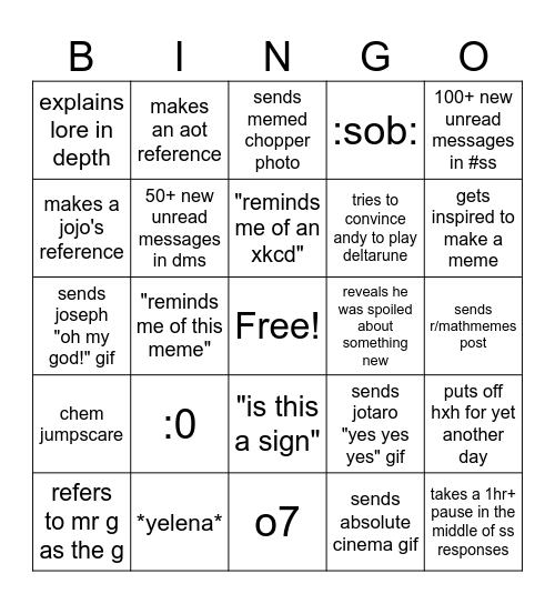 Dorian Bingo Card