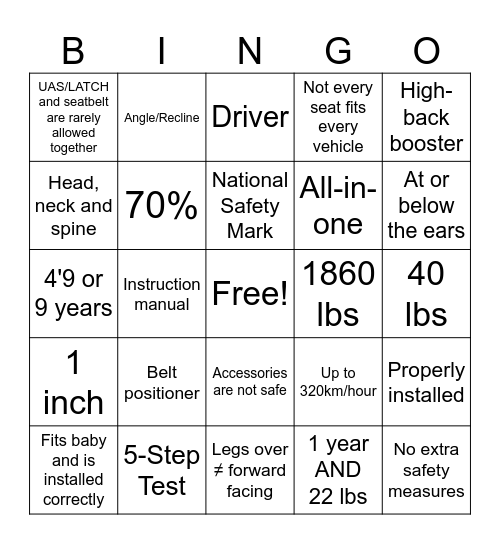 Child Passenger Safety Bingo Card
