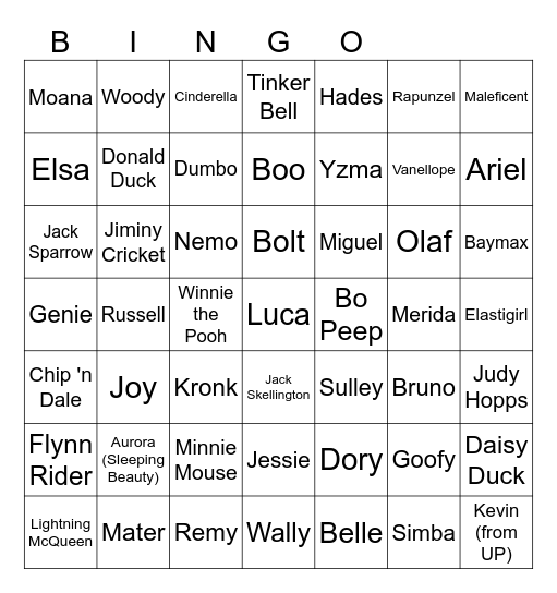 Favorite Character Bingo Card