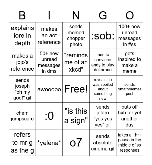 Dorian Bingo Card