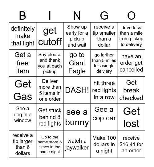Door Dash Bingo Card