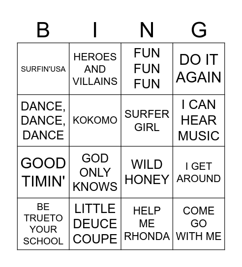 BEACH BOY BINGO Card
