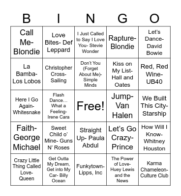 Billboard Hot 100 #1 Singles of the 80's Bingo Card