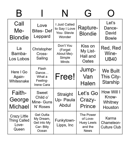 Billboard Hot 100 #1 Singles of the 80's Bingo Card
