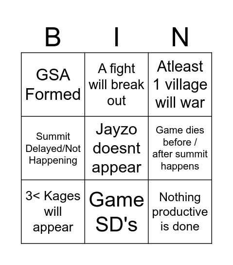 Shyugen Summit Bingo Card