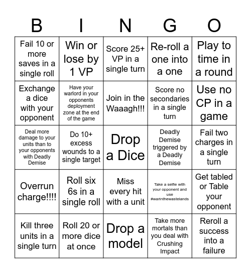 War in the Wastelands Bingo Card