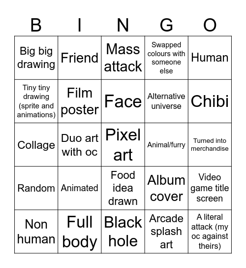 Art fight 2026 Bingo Card