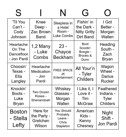 McRae's SINGO BINGO By JK Entertainment Bingo Card