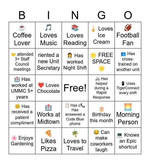 Unit Secretary Staff Coucil Bingo Card