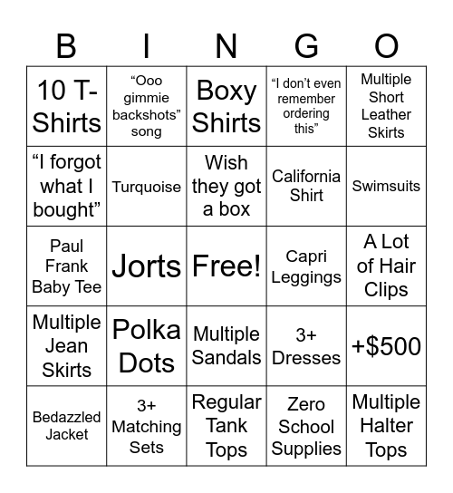 SHEIN BTS Haul Bingo Card