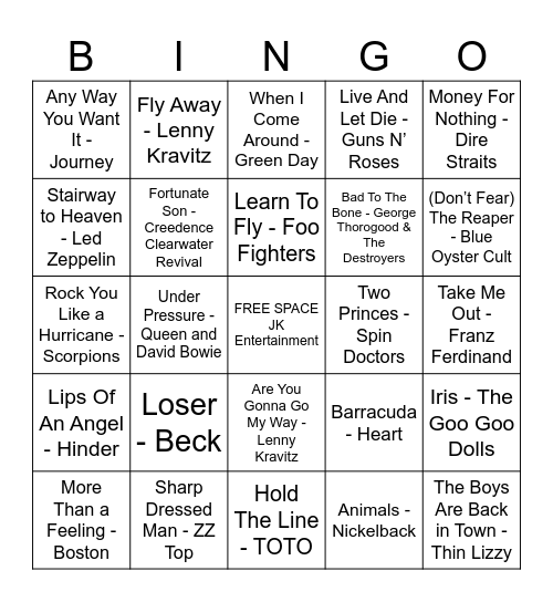 McRae's SINGO BINGO By JK Entertainment Bingo Card