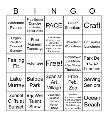 Free Things to do in San Diego Bingo Card