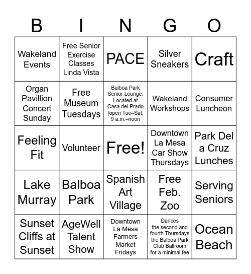 Free Things to do in San Diego Bingo Card
