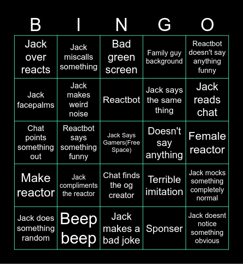 JJJacksfilms reacts to reactors Bingo Card