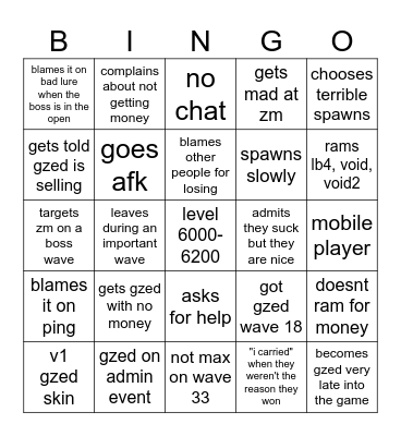low level gzed bingo Card