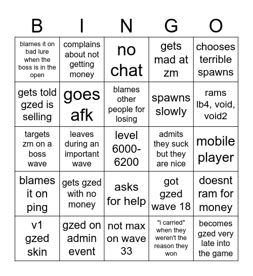 low level gzed bingo Card