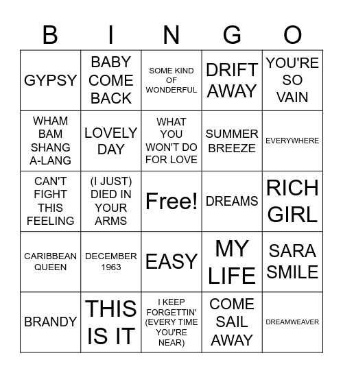 YACHT ROCK Bingo Card
