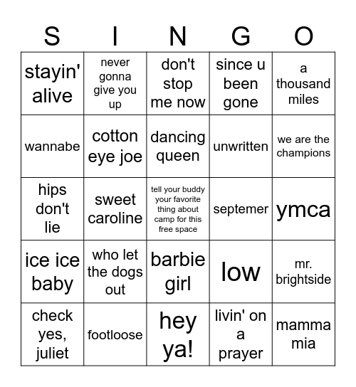 yesterday's hits Bingo Card