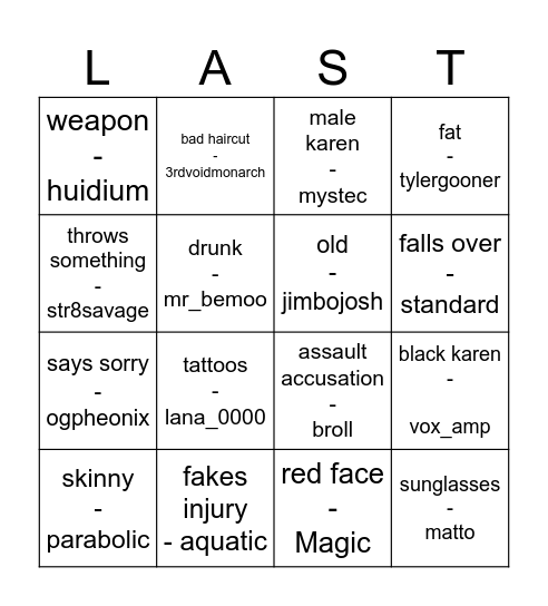 Last Man Standing Bingo Card