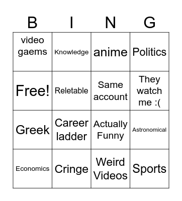 reels babe Bingo Card