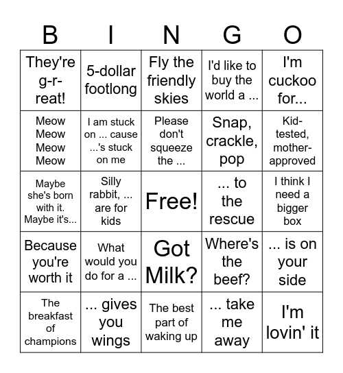 Jingle and Slogan Bingo Card