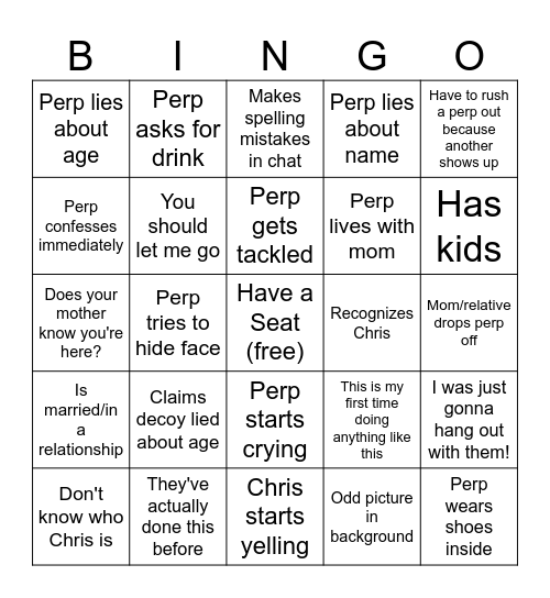 Chris Hansen Bingo Card
