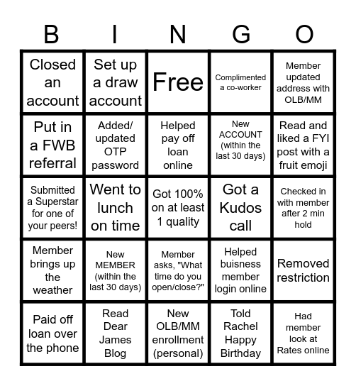 Contact Center Bingo Card