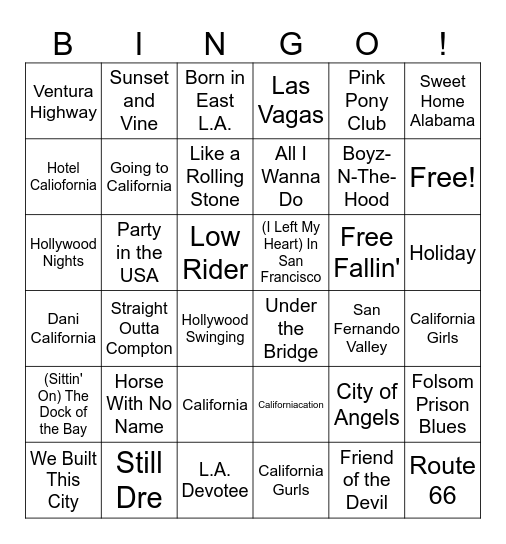 Through The West Coast Bingo Card