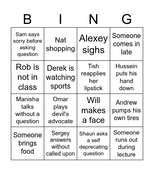 Last class Bingo Card
