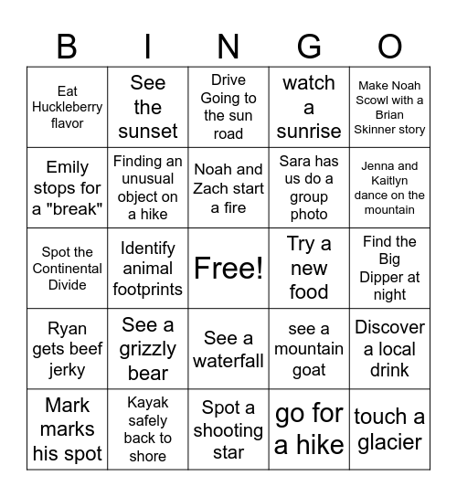 The Great Adventure Bingo Card