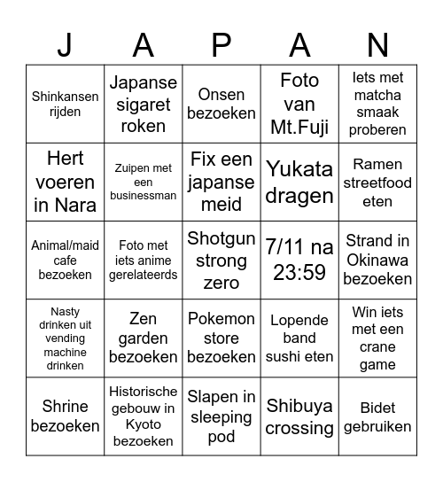 Japan Bingo Card