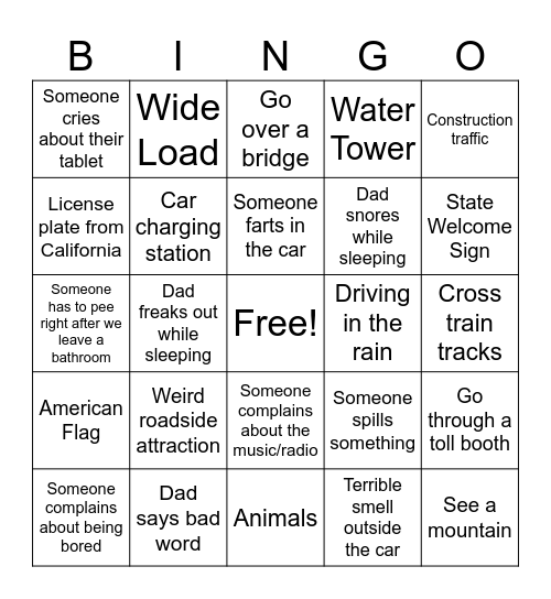 Feldkamp Roadtrip Bingo Card