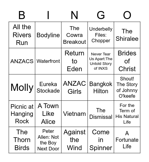 Australian Mini Series Bingo Card