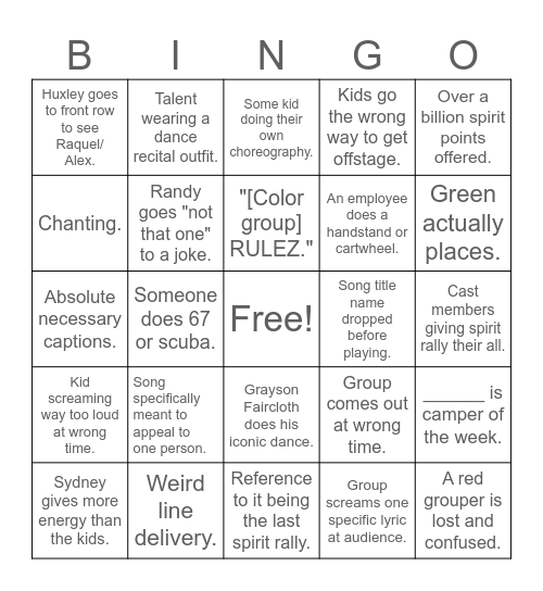 Spirit Rally Bingo Card