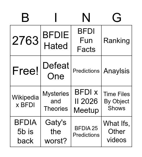1 new BFDI video Bingo Card