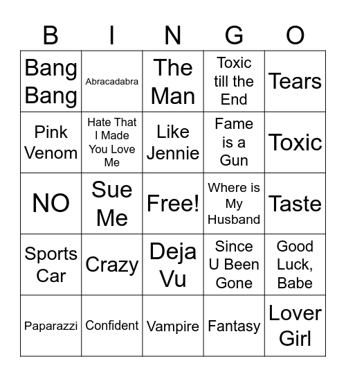 Pop Diva Bingo Card