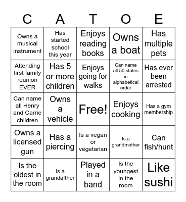 Family Reunion Bingo Card