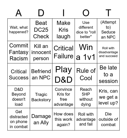 ADIOTs D&D Bingo Card