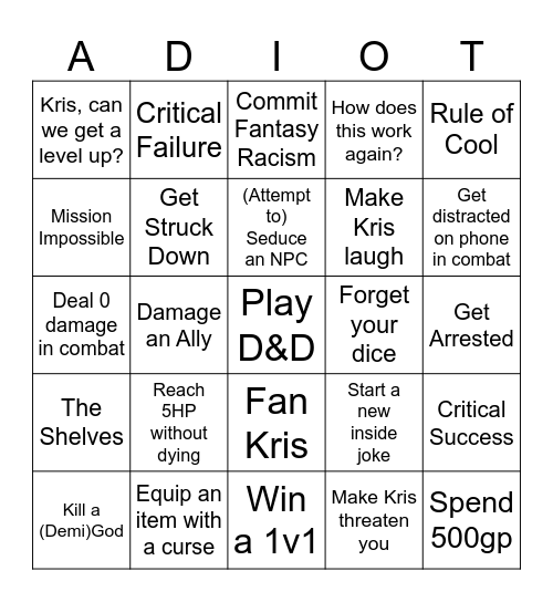 ADIOTs D&D Bingo Card