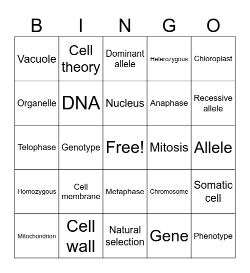 Biology Vocab Bingo Card