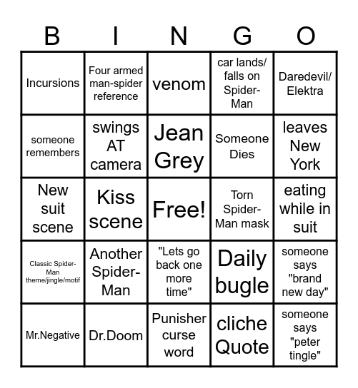 Spider-Man Brand New Day Bingo Card