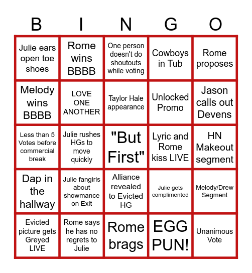 BB28 EVICTION WEEK 2 Bingo Card