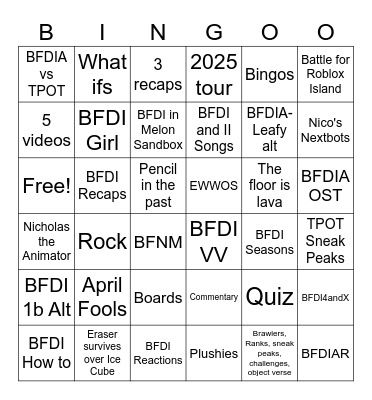 BFDI Playlists Bingo Card