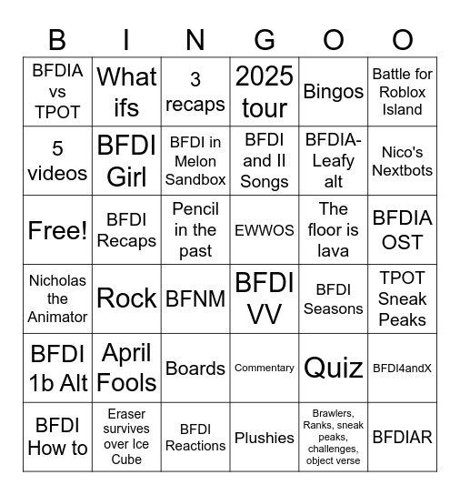 BFDI Playlists Bingo Card