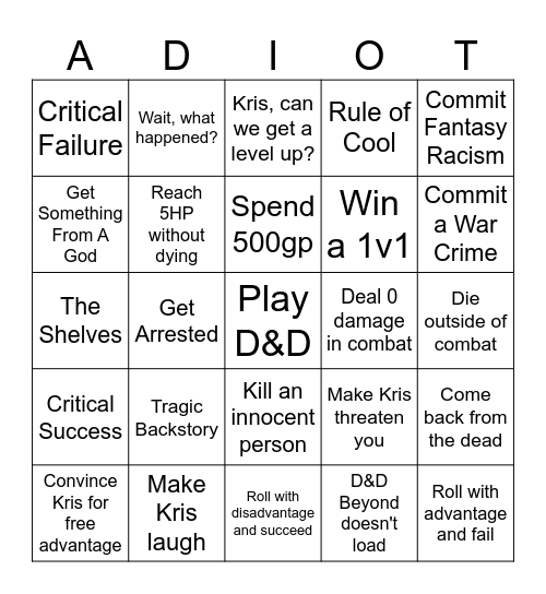 ADIOTs D&D Bingo Card