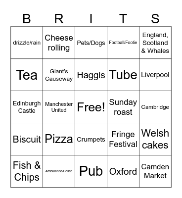 British BINGO Card